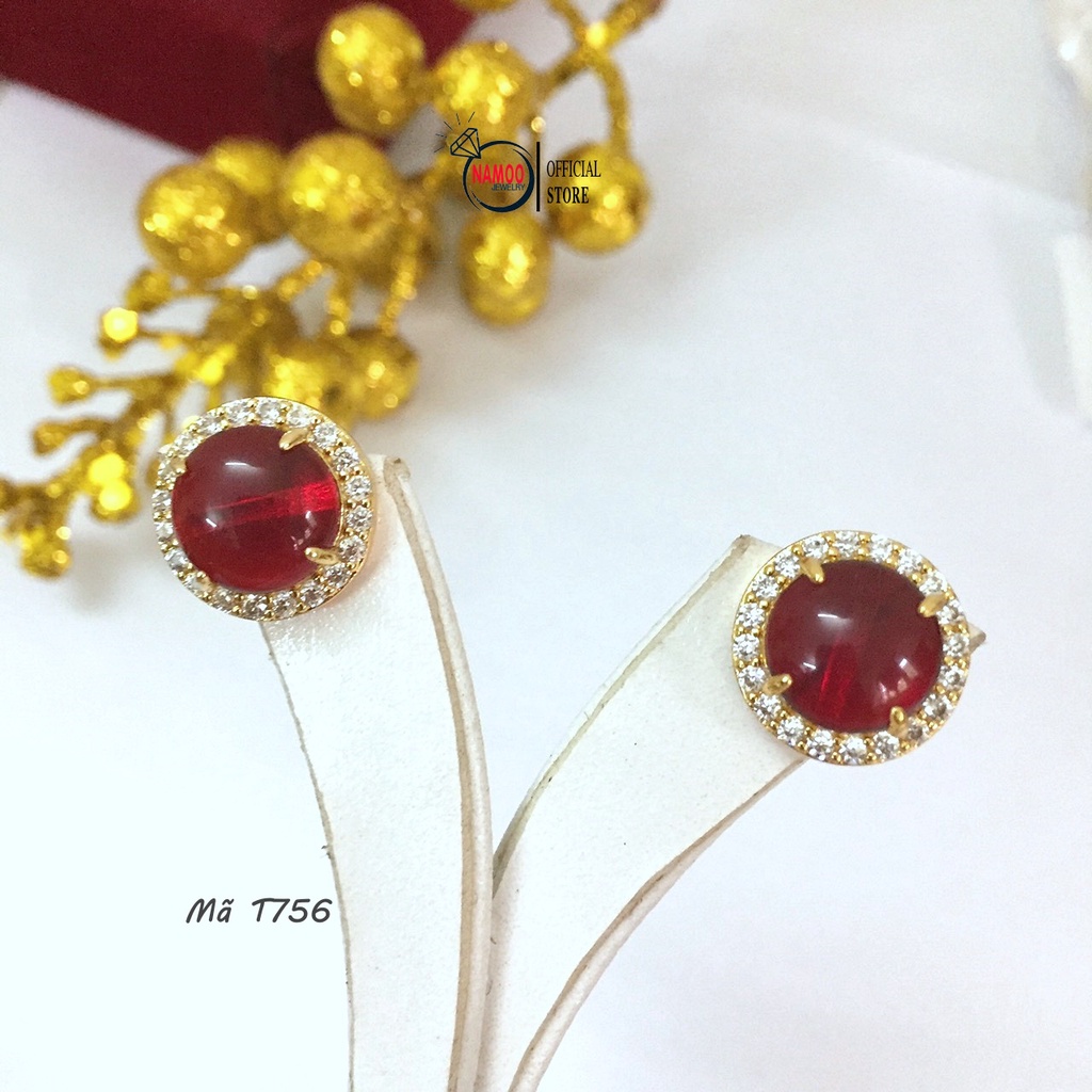 Khuyên Tai Đá Đỏ T756 Nút Nụ Bền Màu Bảo Hành 6 Tháng