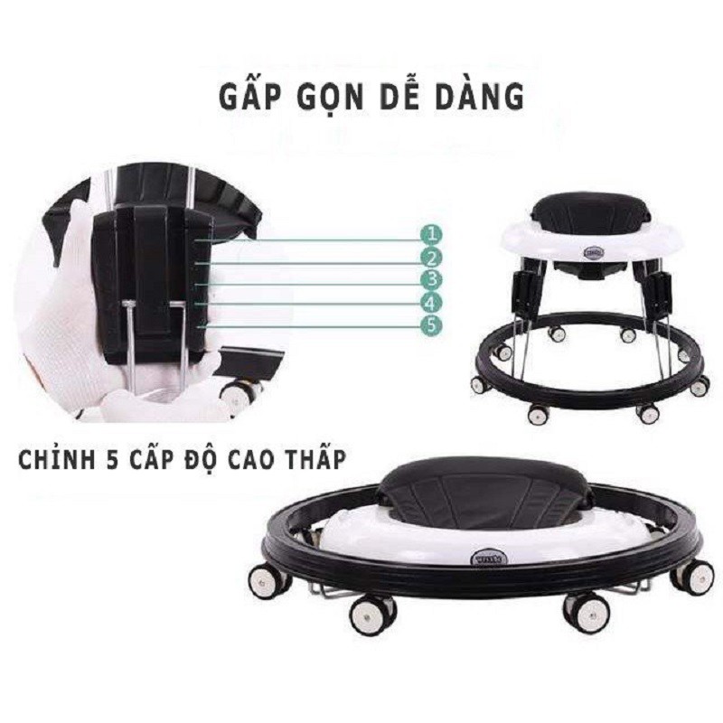 Xe tập đi tròn gấp gọn, xe tập đi điều chỉnh độ cao 5 cấp độ Babyzoo