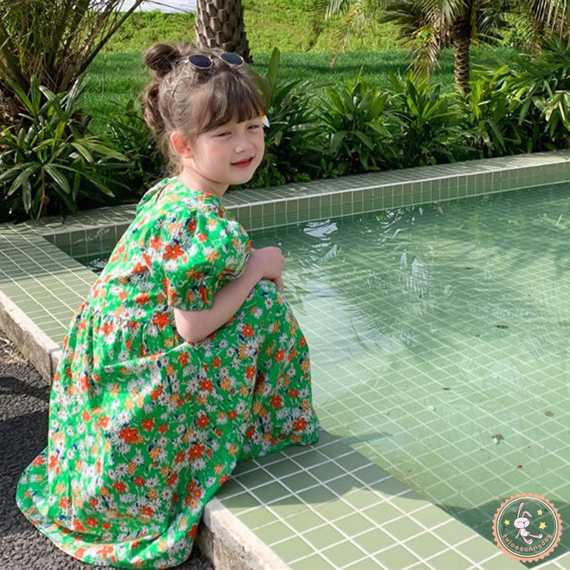 Đầm Công Chúa Tay Ngắn Phồng Cổ Chữ V In Họa Tiết Hoa Phong Cách Hàn Quốc Dành Cho Bé Gái