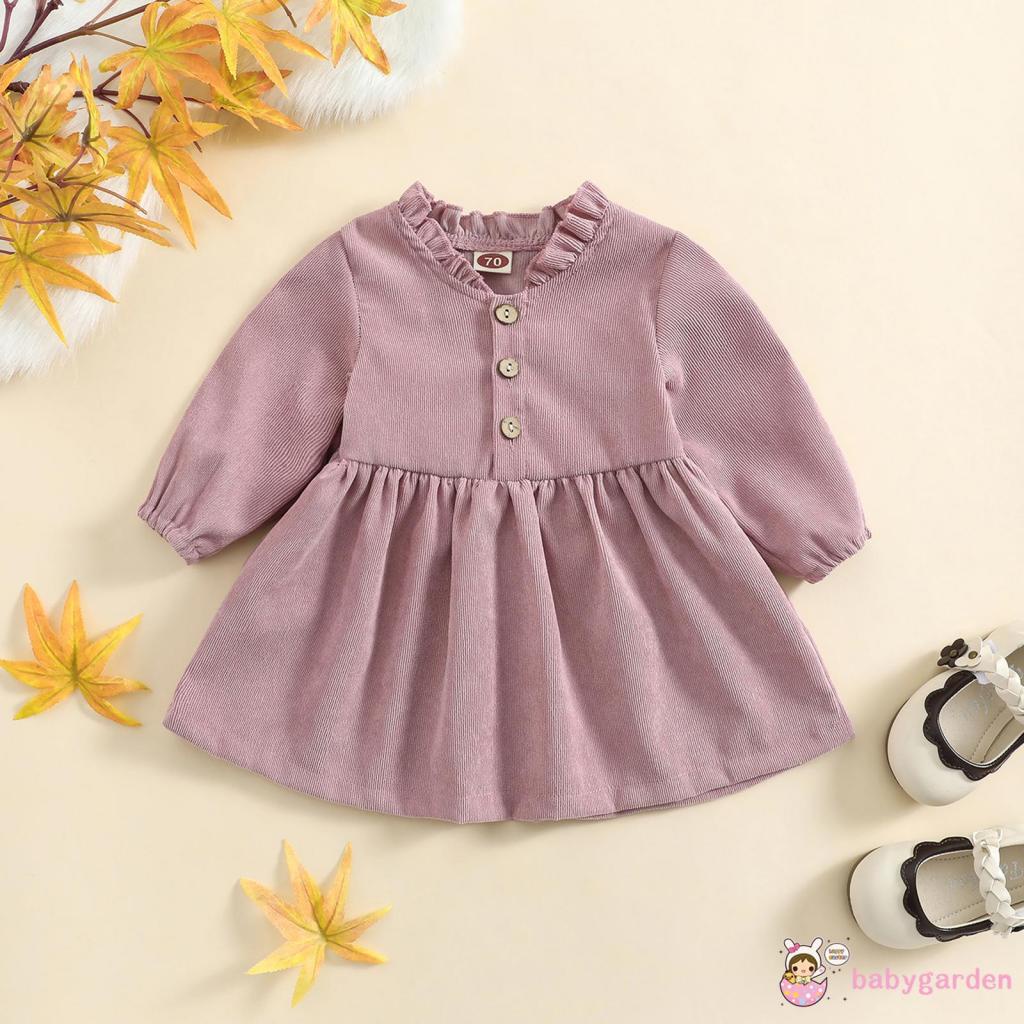 Đầm Chữ A Tay Dài Cổ Bèo Màu Trơn Thời Trang Mùa Thu Cho Bé Gái 0-4 Tuổi