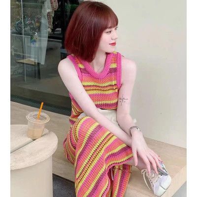 Váy sát nách cổ tròn lưới phối màu cầu vồng cá tính