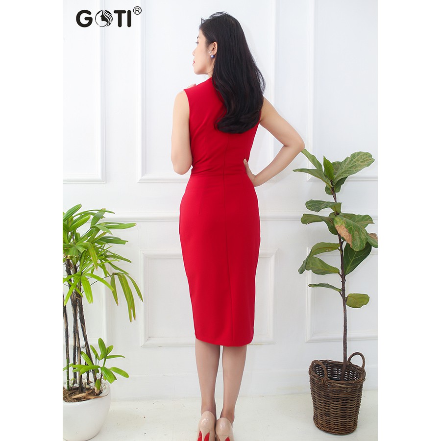 [GOTI -  Hình Thật Sản Phẩm] Đầm Ôm Dự Tiệc Kiểu Cổ Chữ V Xẻ Tà Phối Phụ Kiện Eo Màu Đen Phối Viền Đỏ 3047