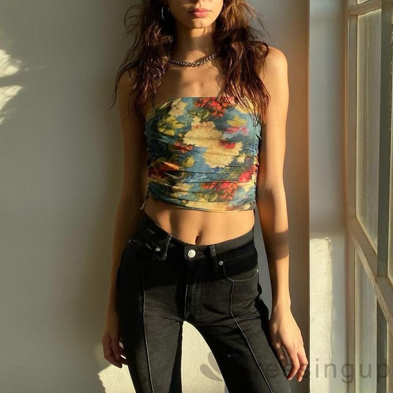 Áo Hai Dây In Hoa Thiết Kế Dây Rút Cá Tính Cho Nữ