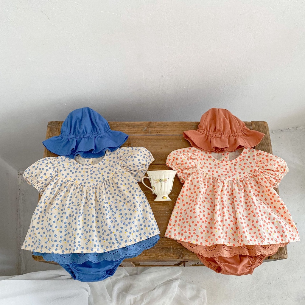Set 3 chi tiết mũ, quần váy, áo hoa cho bé gái đáng yêu ảnh thật