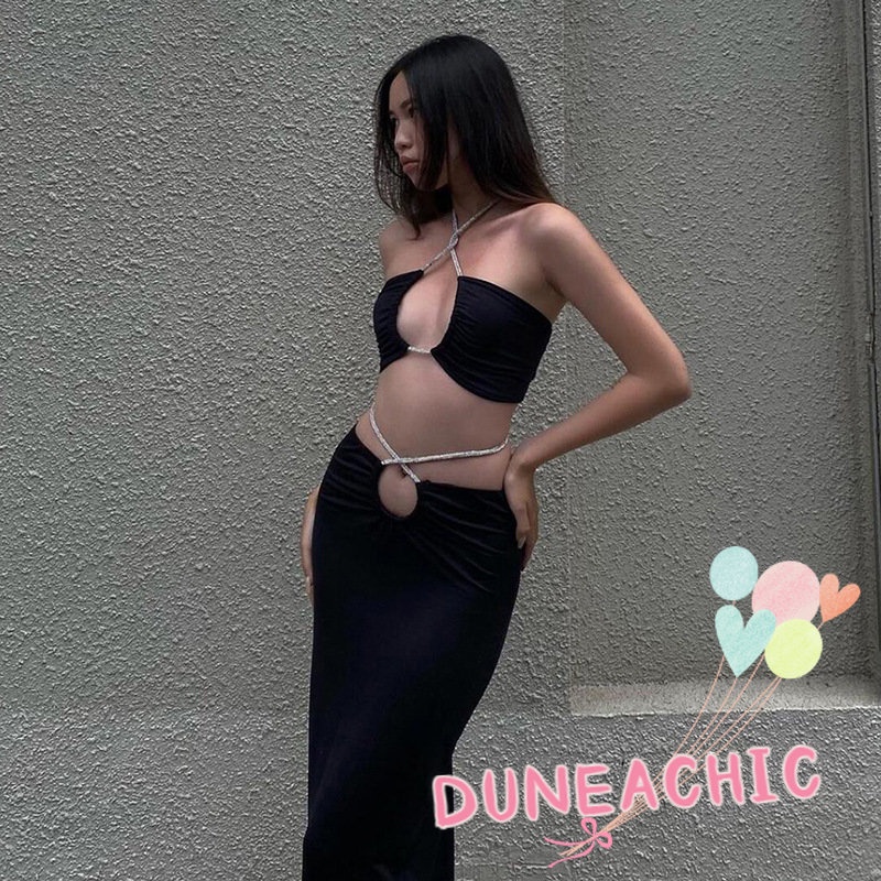 DUNEA Set Áo Tank Top Trễ Vai Phối Chân Váy Cột Dây Thời Trang Trẻ Trung Cho Nữ
