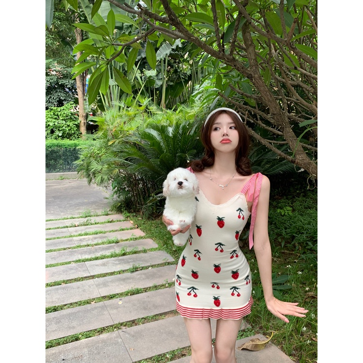 Đầm 2 dây cột vai trắng xám dâu tay ôm body tôn dáng ngọt ngào ulzzang hở vai len dệt kim