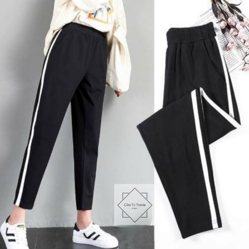 Quần nữ Thể thao cá tính jogger phối sọc trắng siêu xinh Chất vải Mì Hàn màu đen Mặc thể dục tập gym ở nhà  Đi Học