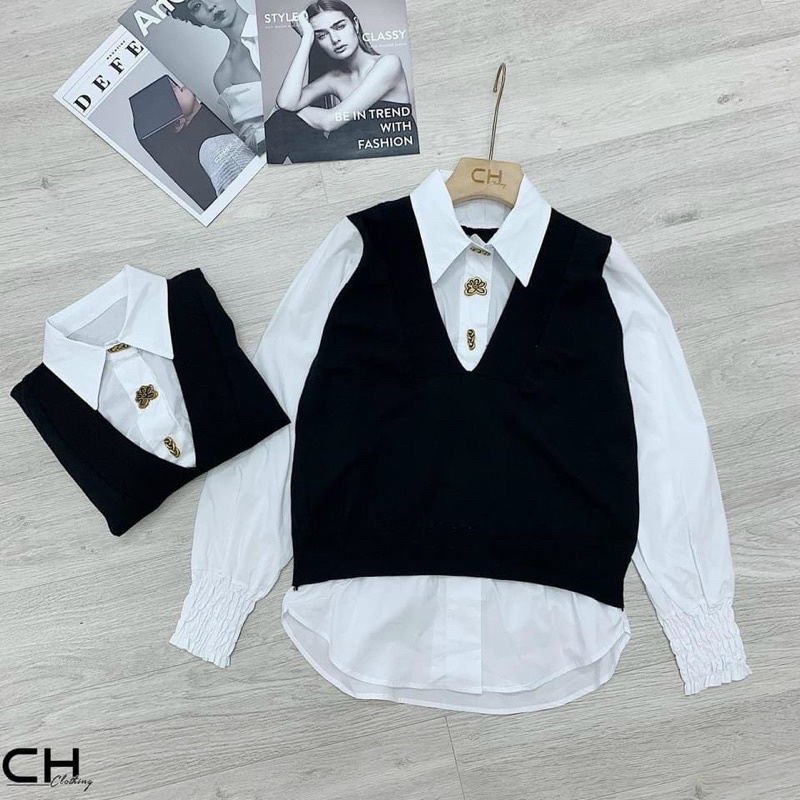 Áo sơ mi phối gile liền | BigBuy360 - bigbuy360.vn