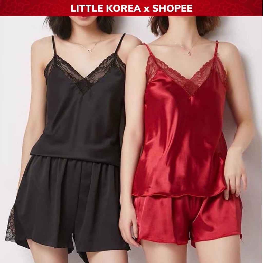 Set Đồ Ngủ Nữ Bộ Đồ Mặc Nhà Lụa Tằm 2 Dây Viền Ren Thoáng Mát Sexy - LITTLE KOREA