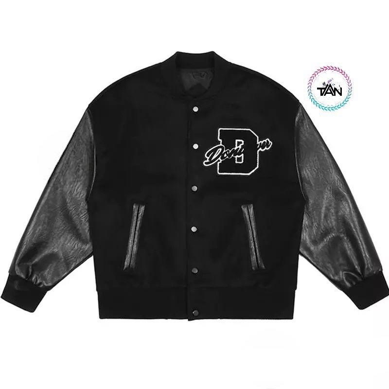 ÁO KHOÁC BOMBER KAKI PHỐI DA NAM NỮ T-A-N FORM RỘNG VAI SỆ-AKD8-hình thêu model shop màu đen