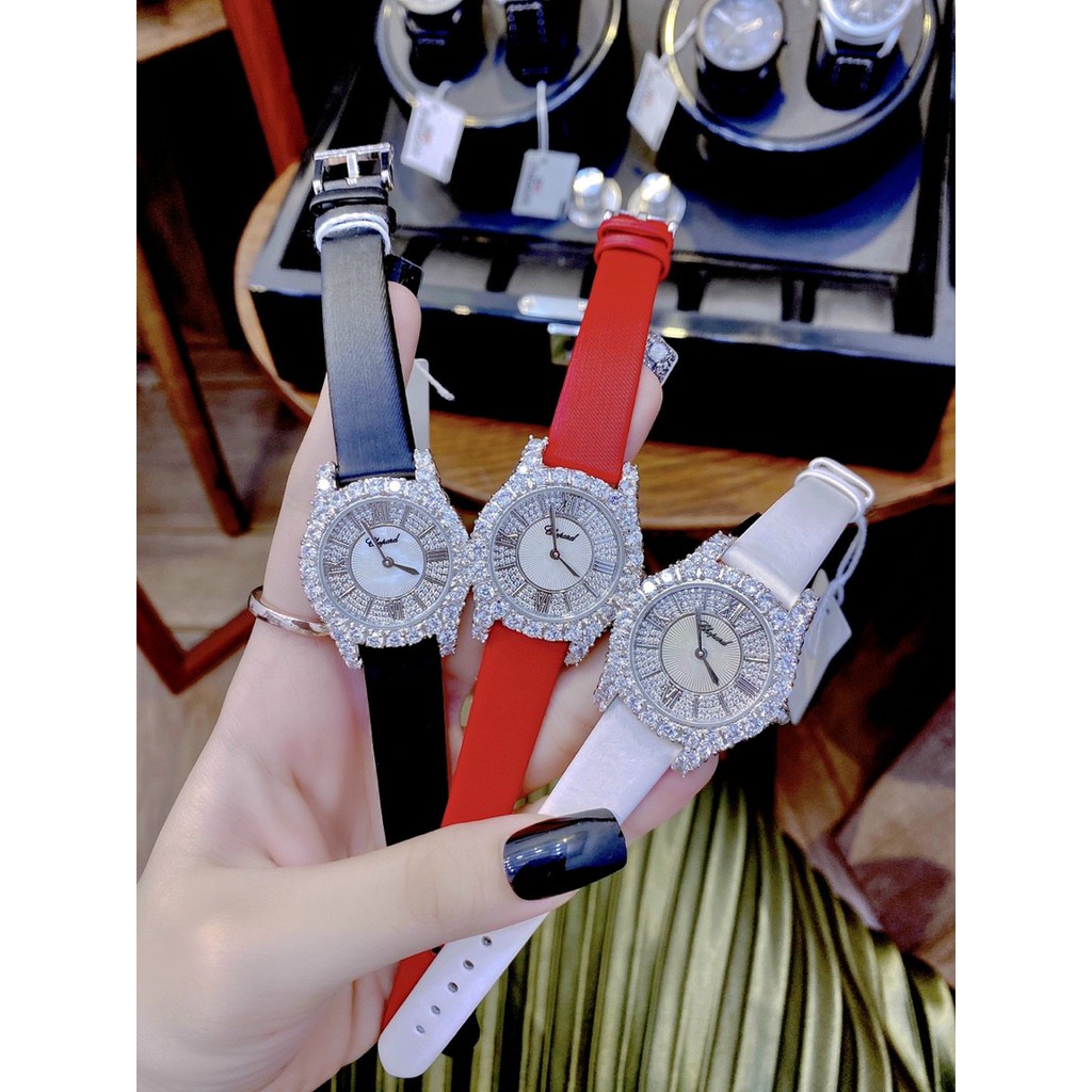Đồng hồ nữ dây da, đồng hồ nữ chính hãng authentic full box CHOPARD mặt tròn đính kim cương nhân tạo Swarovski siêu sang