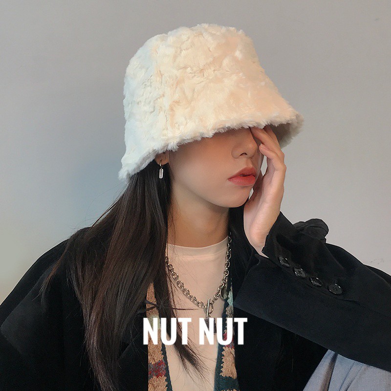 Mũ bucket lông thỏ Hàn Quốc nữ - nón tai bèo lông trắng nữ sụp vành nhỏ ấm áp cho mùa đông