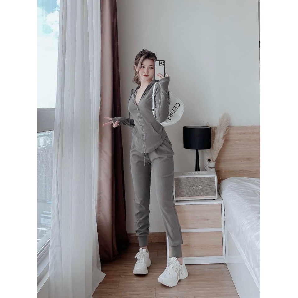 [10.10 Sales Freeship] Set bộ thun gân nữ, set bộ áo dài tay khóa kéo có nón, quần ôm dài ống túm đi chơi trẻ trung dx