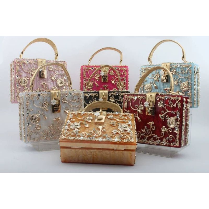 Túi xách chạm khắc kim cương acrylic kiểu túi khóa hộp