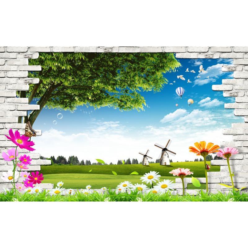 Tranh dán tường HD Cảnh đẹp thiên nhiên cối xay gió HZTU-Vol 2 (111) kim sa