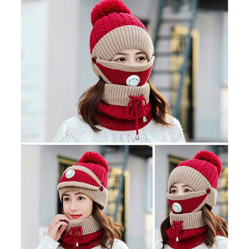 Set 3 món gồm mũ trùm đầu + khăn choàng cổ + khẩu trang giữ ấm mùa đông cho nữ