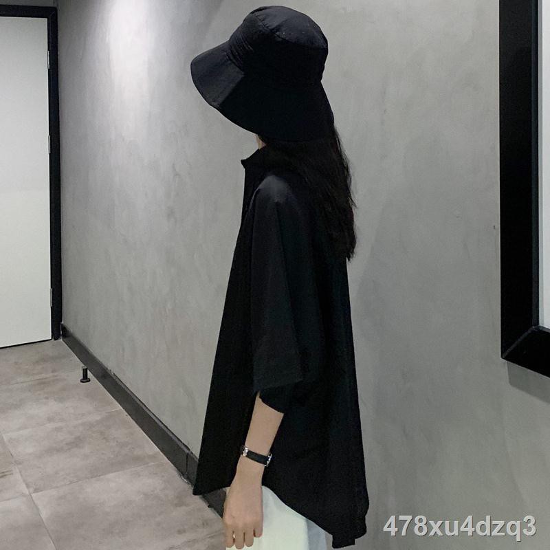 ✱◙Áo sơ mi cổ điển màu đen đậm ngắn tay phong cách mới 2021 kiểu Hồng Kông cho nam và nữ khoác mùa hè mặc tất