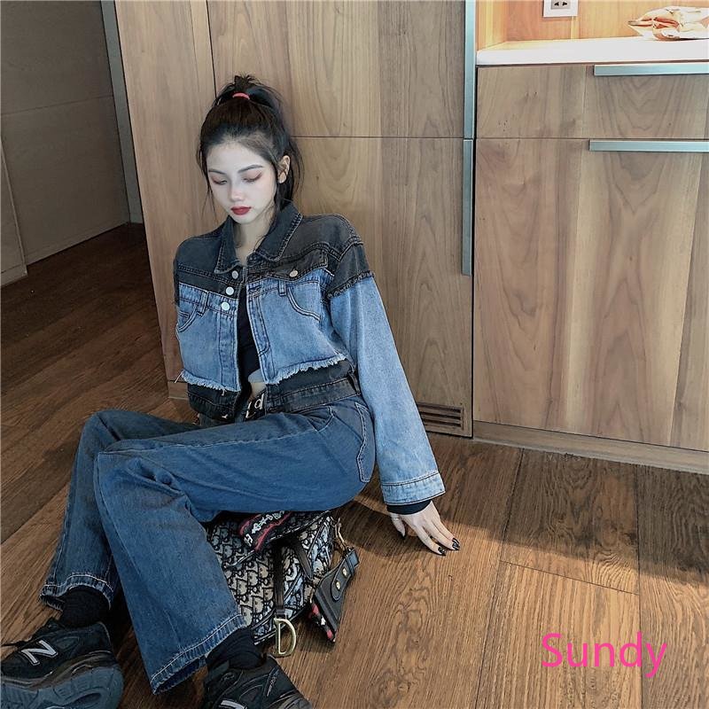 Áo Khoác Denim Tay Dài Dáng Rộng Màu Sắc Vintage Dành Cho Nữ