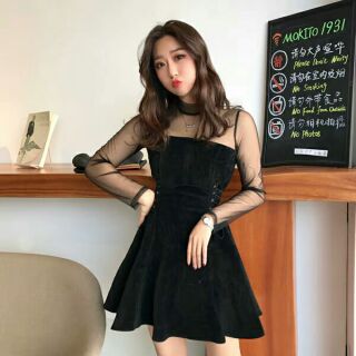 Đầm xòe đan dây eo phối lưới