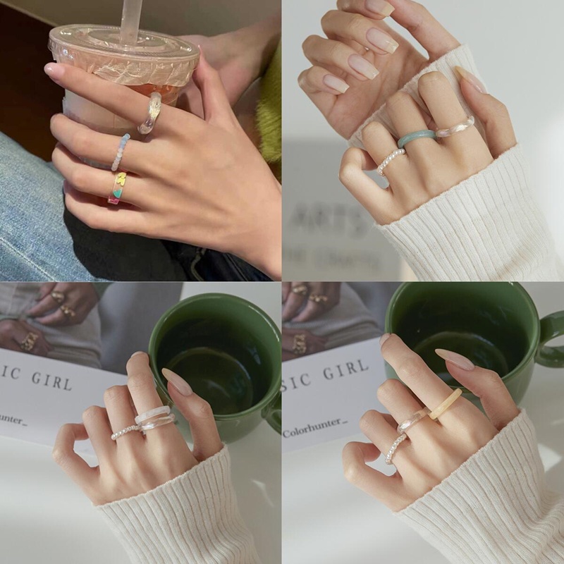Bộ 3 Nhẫn Acrylic Đính Ngọc Trai Đơn Giản Phong Cách Hàn Quốc
