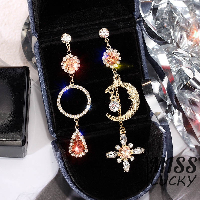 ❤HHN-VN  Asymmetric European and American-Style Fashion Moon Diamond Set Earrings Debutante Elegant