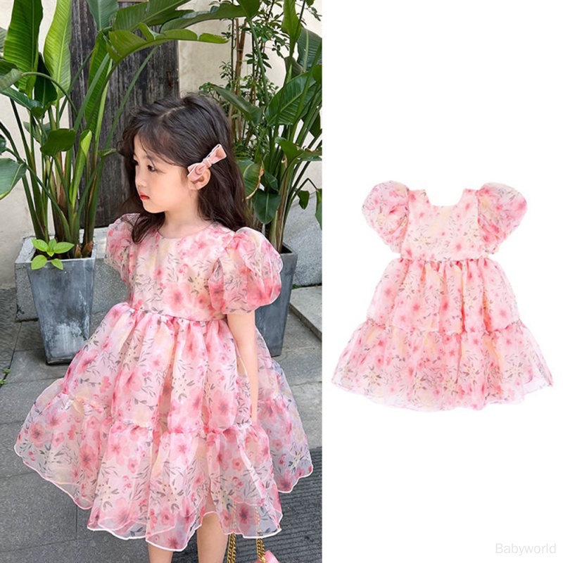 Đầm Tay Phồng Phối Lưới Họa Tiết Hoa Hồng Dễ Thương Thời Trang Mùa Hè Cho Bé Gái