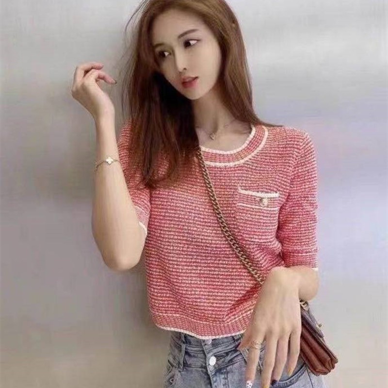 Porozi  Áo Thun Dệt Kim Cổ Tròn Kẻ Sọc Kiểu Hàn Quốc Xinh Xắn Cho Nữ