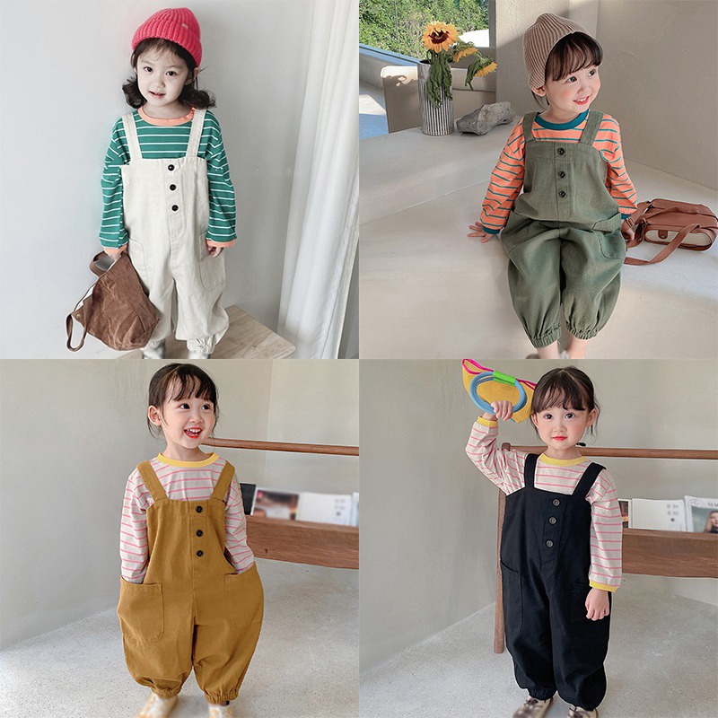 Quần yếm dây đeo vai màu trơn dáng rộng có hai túi thời trang mùa thu cho trẻ nhỏ từ 3-8 tuổi