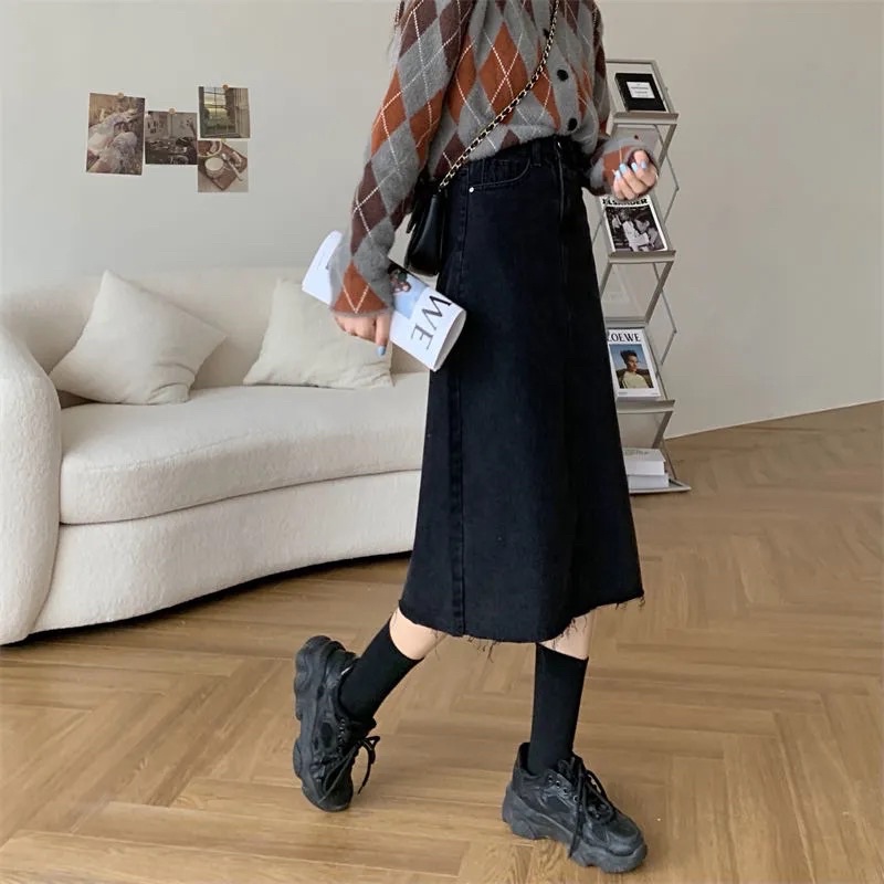 Chân Váy Jean Nữ Màu Đen Dáng Suông Chữ A Basic Phong Cách Vintage Ulzzang Hàn Quốc Chất Loại 1 Mềm Tay Rách Gấu