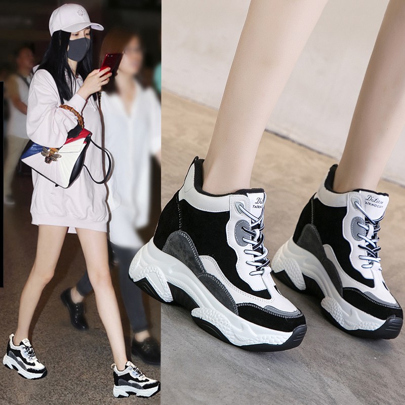 ⚡️ẢNH THẬT⚡️GIÀY THỂ THAO NỮ PHONG CÁCH RETRO ĐẾ ĐỘN CAO 10CM MÀU ĐEN TRẮNG DA BÒ VÀ LỚP NHUNG CAO C