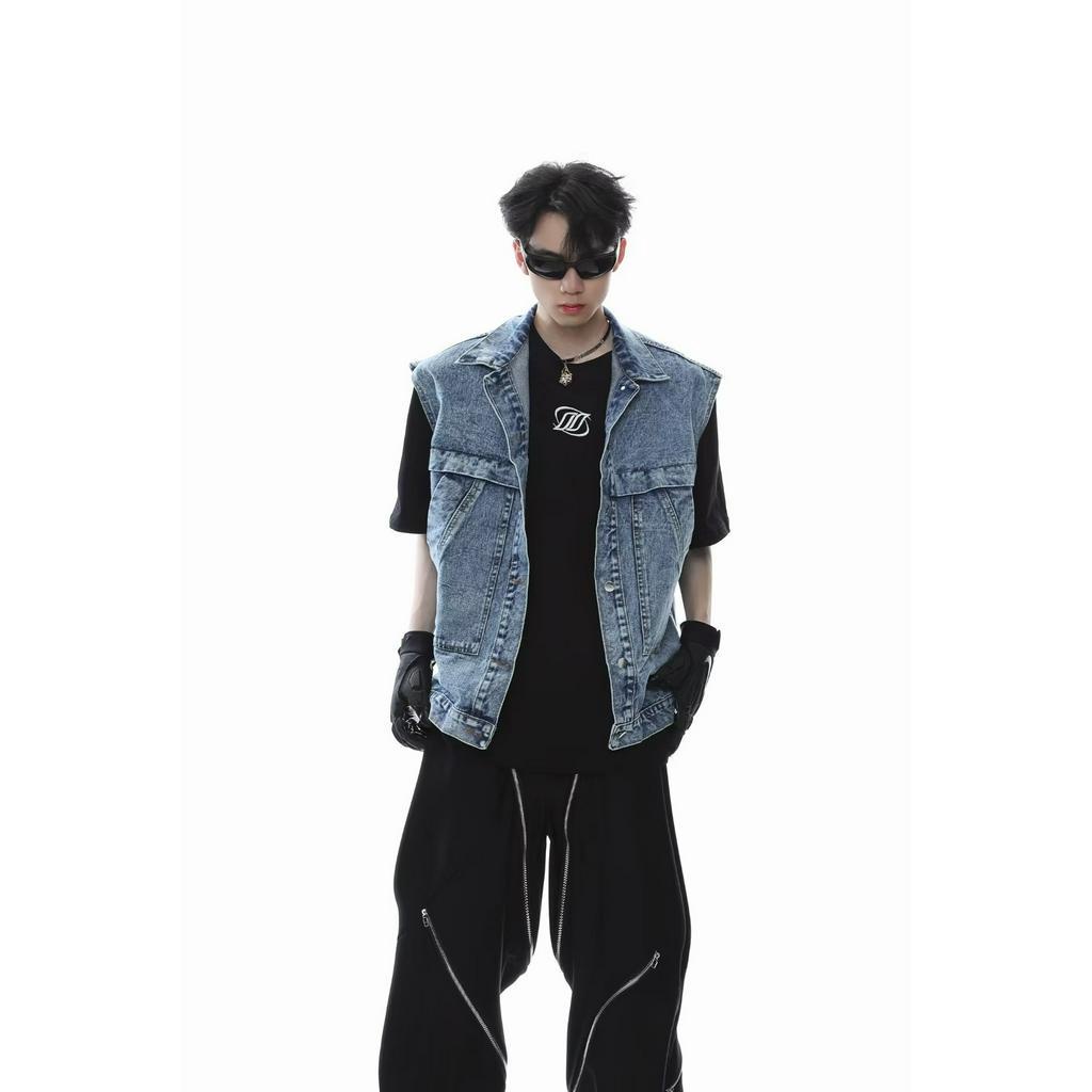 Áo Khoác Denim Mùa Hè Không Tay Dáng Rộng Màu Gradient Có Đệm Vai Size M-4XL Phong Cách Retro Cho Nam Giới