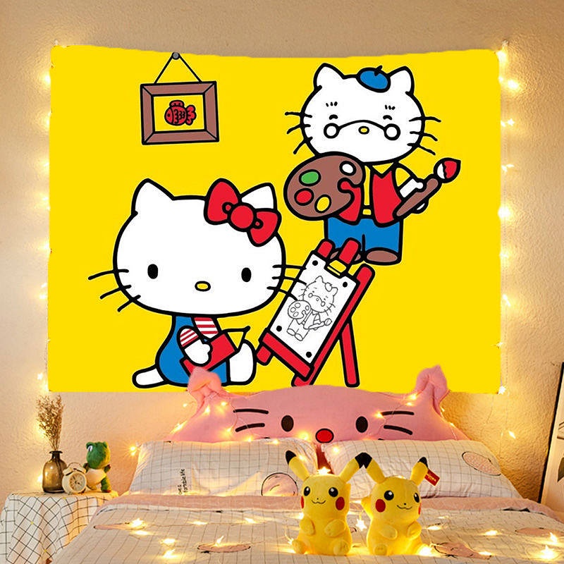 Tấm Vải Treo Tường Hình Hello Kitty Màu Hồng Dễ Thương Trang Trí Phòng Ngủ Cho Bé Gái