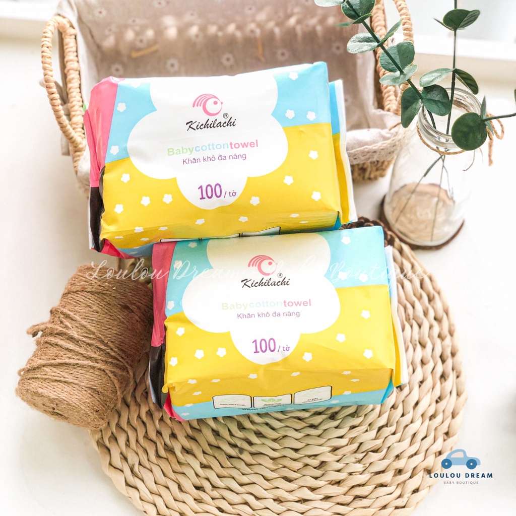 Khăn khô cotton đa năng Kichilachi cao cấp siêu mềm mại set 100 tờ 150g