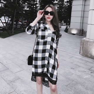 VÁY SƠ MI KẺ CARO PHỐI CHÂN REN