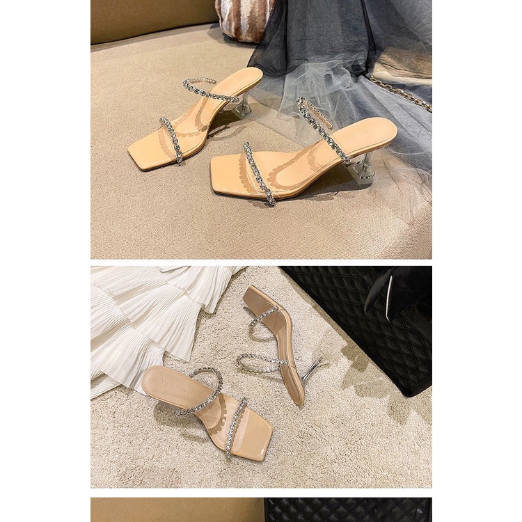 Giày cao gót sandal dây đính đá gót trong suốt sang chảnh thời trang kiểu Pháp