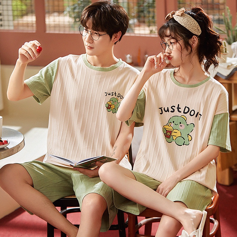 Bộ Đồ Ngủ 2 Món Áo Thun Cotton Tay Ngắn Phối Quần Short Kiểu Hàn Quốc Thời Trang Mùa Hè Cho Các Cặp Đôi