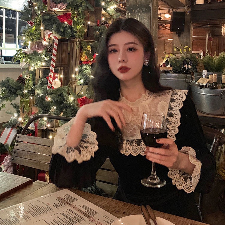 [F &amp; X Selection] Đầm Nhung Đen Ghép Vải Ren Dáng Dài Kiểu Pháp Thời Trang Thu Đông Mới Cho Nữ