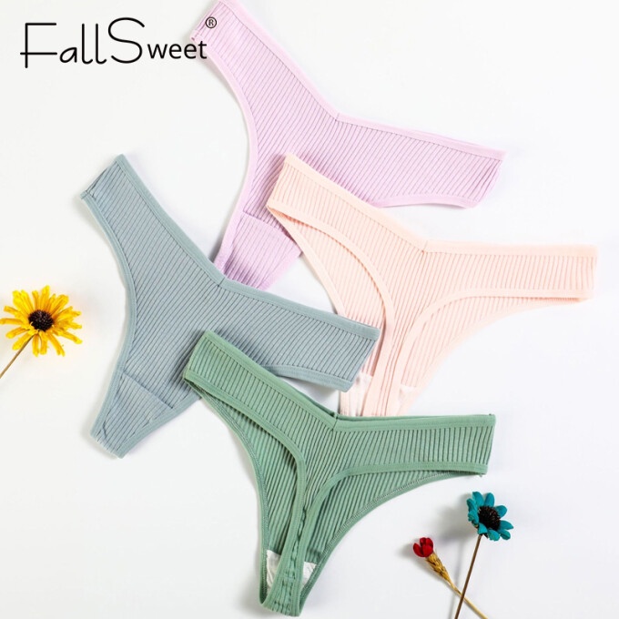 3 Quần lót lọt khe FALLSWEET từ cotton eo thấp màu trơn thoáng khí quyến rũ dành cho nữ