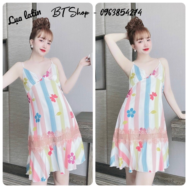 Váy ngủ lụa latin 2 dây đuôi cá phối ren freesize 42-57kg