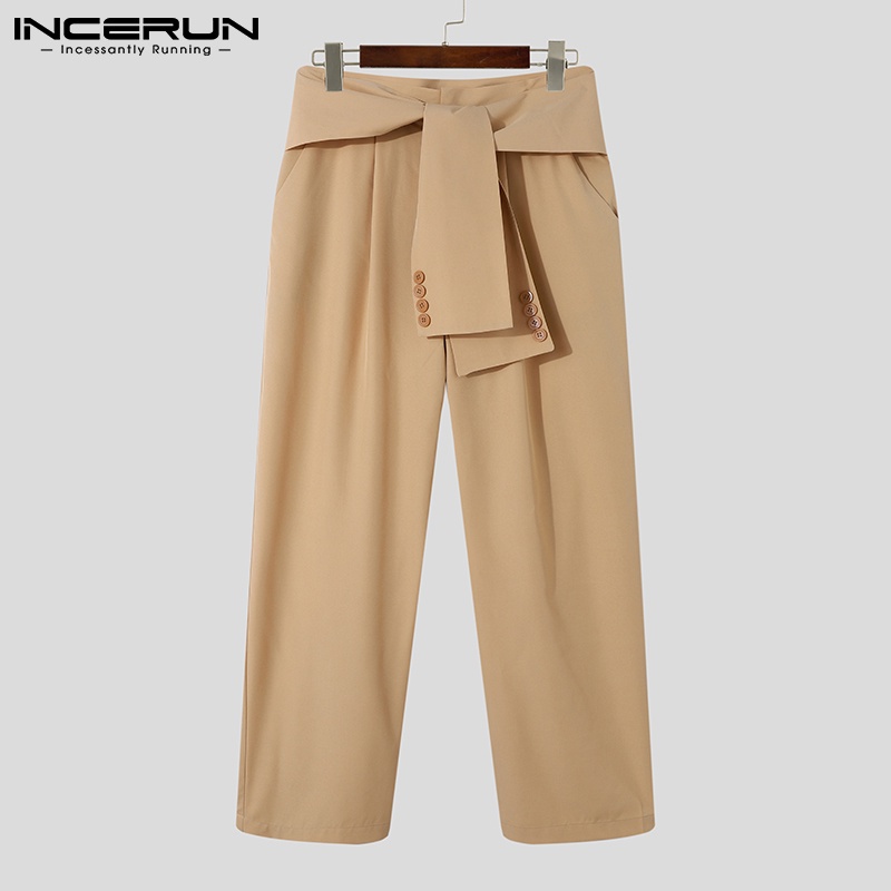 Quần dài INCERUN phối dây buộc màu trơn ống suông rộng thời trang thường ngày dành cho nam