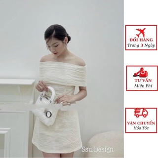 Đầm thun gân trễ vai