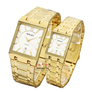 Đồng hồ đôi nam nữ HALEI mặt vuông trắng size 30mm 40mm dây màu vàng thép không ghỉ không bay màu chống xước, chống nước