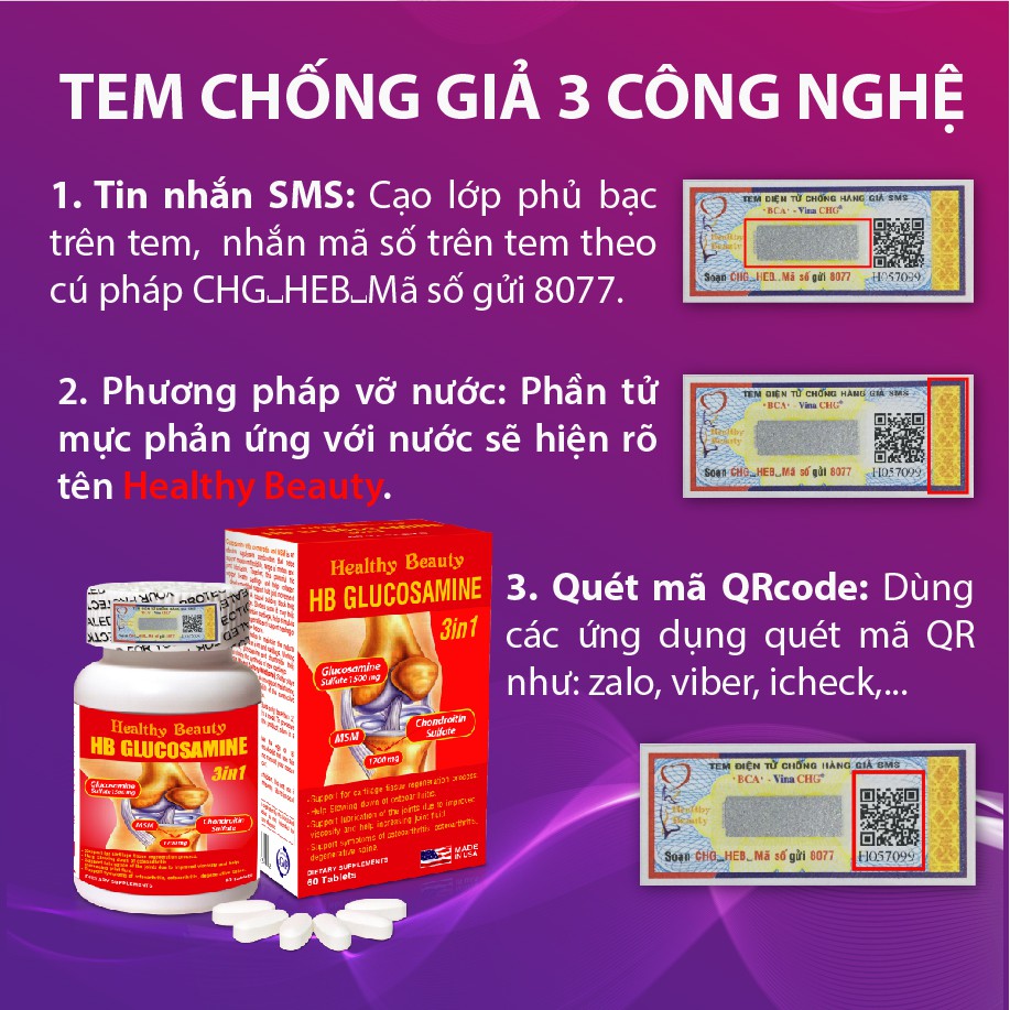 Viên Uống Healthy Beauty HB Glucosamine 3 In 1 Giảm Triệu Chứng Đau Của Bệnh Viêm Khớp, Thái Hóa Khớp, Cột Sống