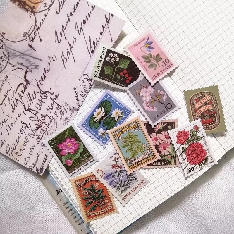 Set 46 sticker tem cổ điển tặng kèm postcard nhiều chủ đề dùng trang trí sổ bullet journal - ginandtonic