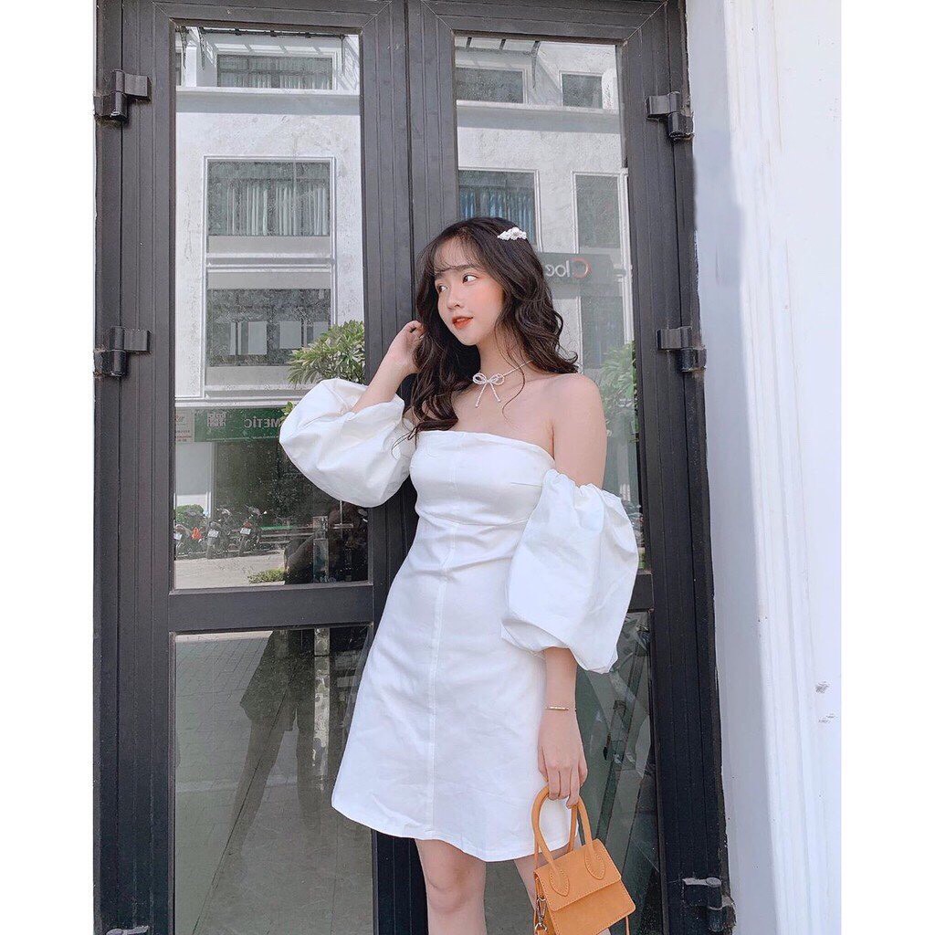 Đầm Trắng Dự Tiệc Trễ Vai ✨ Đầm Dự Tiệc Phối Tay Bồng Sang Trọng ✨