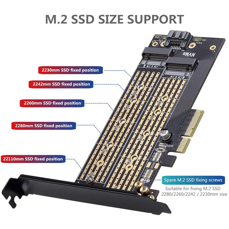 JEYI SK7 Server M.2 NVMe SSD NGFF SATA TO PCIE3.0 X4 4X Adapter M Key B KEY Dual Port Card PCI-E3.0 Dual Voltage 12V+3.3V U.2