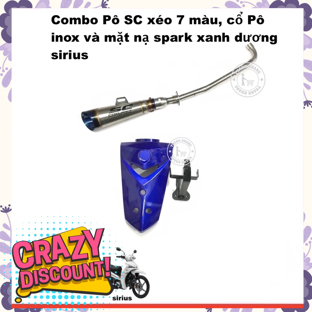 Combo pô SC xéo 7 màu, cổ pô inox và mặt nạ spark xanh dương cho sirius thanh khang 006001321 006001311 006001008