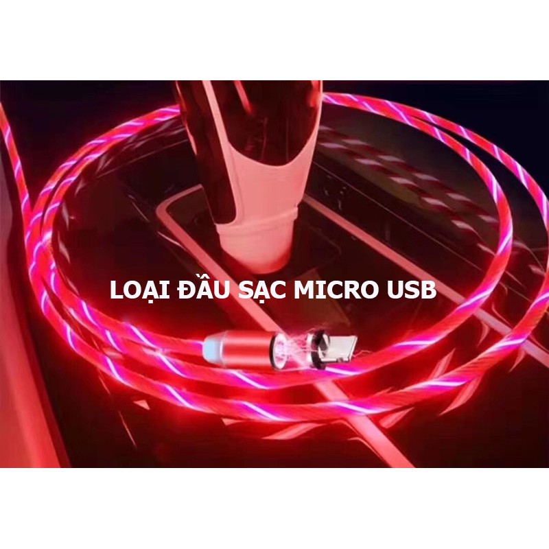 (XẢ HÀNG) Cáp sạc đầu từ tính hít nam châm 360 cổng tròn chân Micro USB dây phát sáng led dòng chảy tuyệt đẹp siêu bền