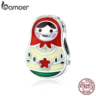 Phụ Kiện Hạt Trang Sức Bamoer Bạc S925 Tráng Men Hình Búp Bê Nga Matryoshka Đáng Yêu