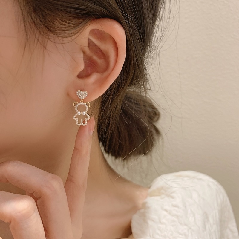 1 Cặp Bông Tai Dáng Dài Mặt Hình Gấu Đính Ngọc Trai Thanh Lịch Thời Trang Dành Cho Nữ